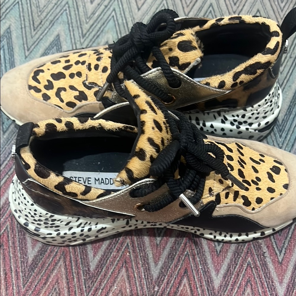 STEVE MADDEN Cliff Sneaker Leopard Hide Print w/ Black Gold leather Accents sz7 - Picture 2 of 6